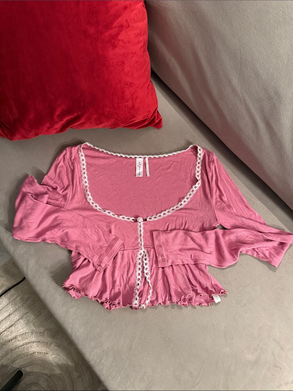 Pink Lace-Trim Long Sleeve Crop Top